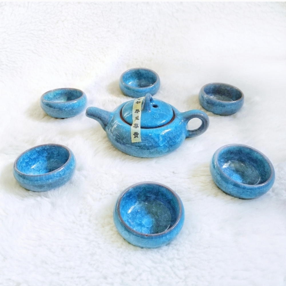 7 pcs Blue Ceramic Porcelain Traditional Tea Set - Picture 2 of 5